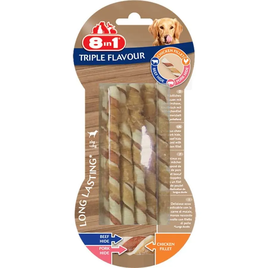 8in1 Triple Flavour Sticks Torsadés Pour Chien X10 MULTIPACK Lot De 6 3 8in1 Triple Flavour Sticks Torsadés Pour Chien X10 MULTIPACK Lot De 6